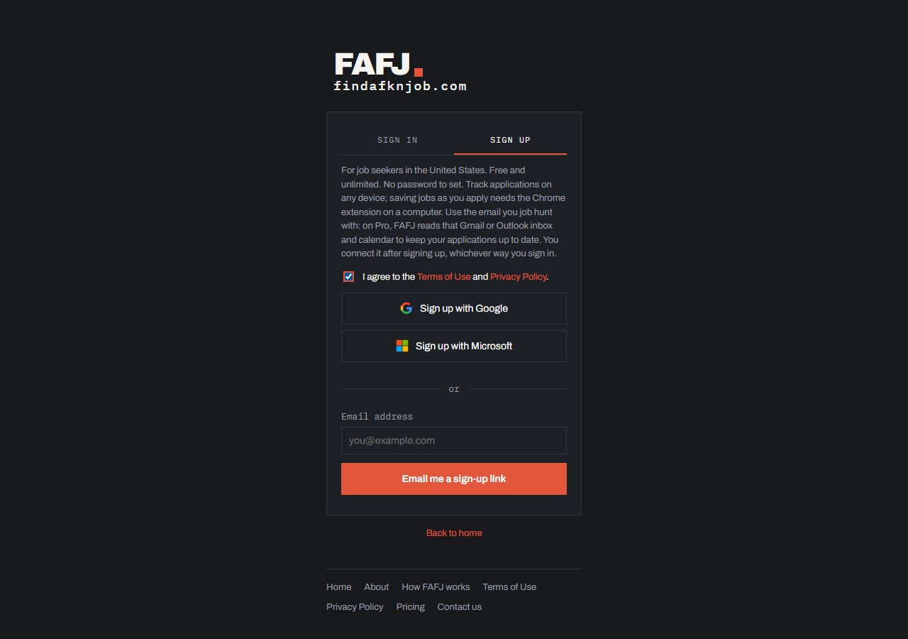 The sign-up page with the terms box ticked and Google, Microsoft and email sign-up options, and the footer links from Home to Contact us