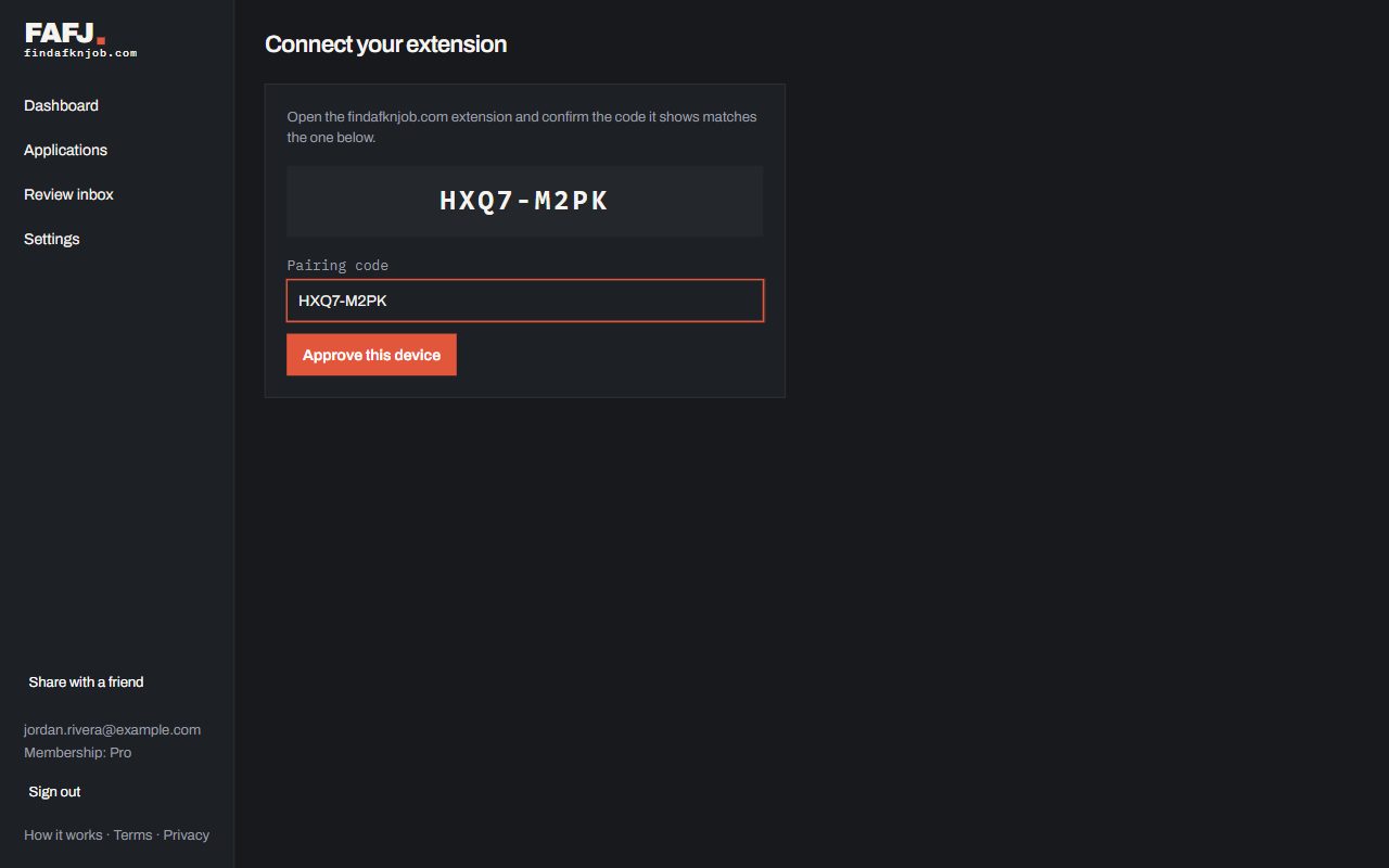 The Connect your extension page with a pairing code