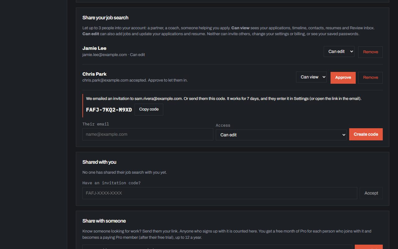 Inviting someone by email in Settings, the notice when they accept, and their access in the sharing card