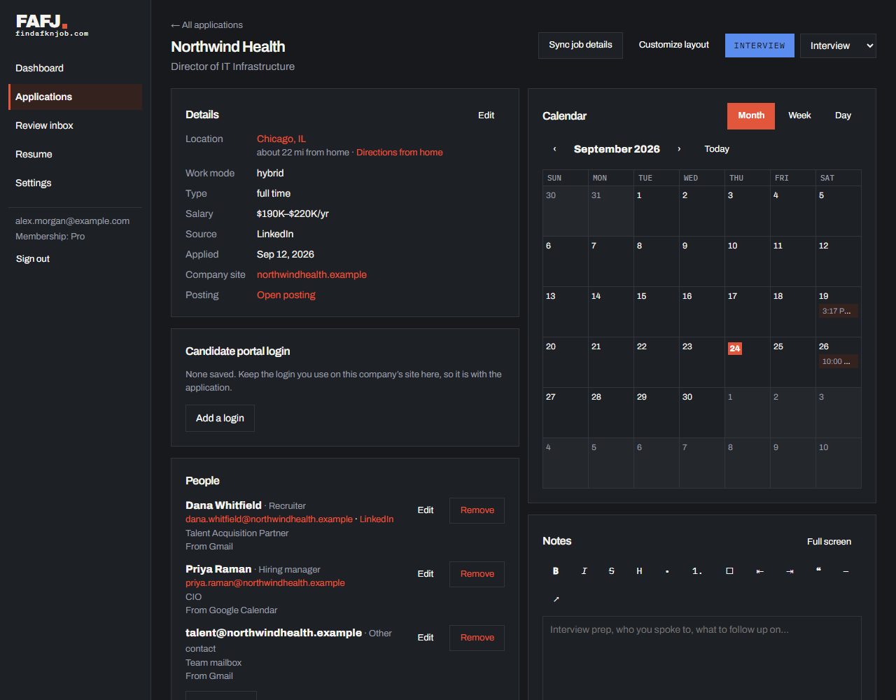 An application page with details, a month calendar with this job's meetings, people including a team mailbox, and notes