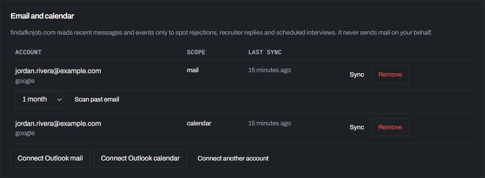 The email and calendar settings with Gmail and Google Calendar connected