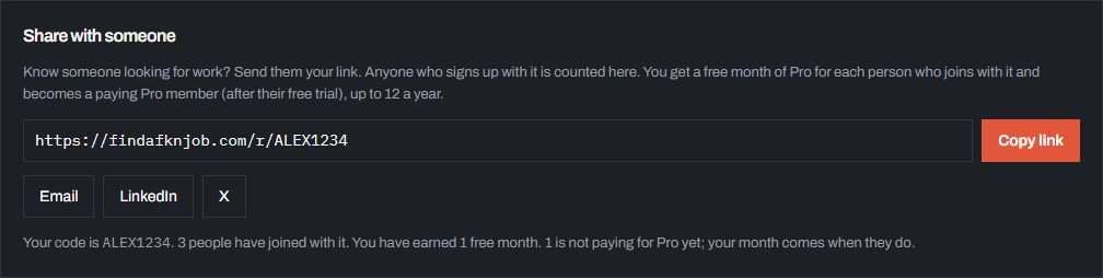 The Share with someone card with a personal link, share buttons, and a count of who has joined, who pays and the free month earned