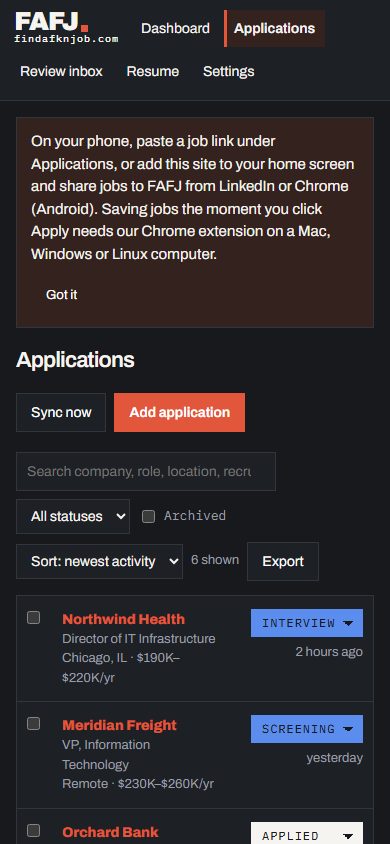 The Applications list on a phone, with a note on saving jobs from a phone