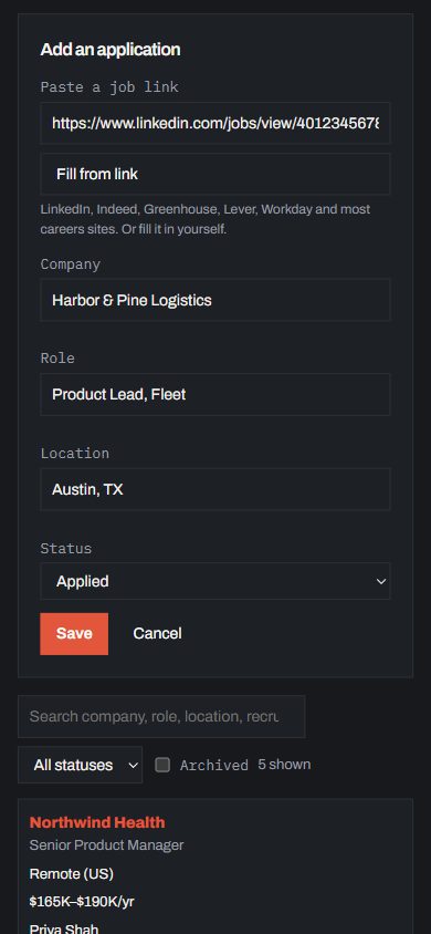 The Add application form on a phone, filled in from a pasted LinkedIn link