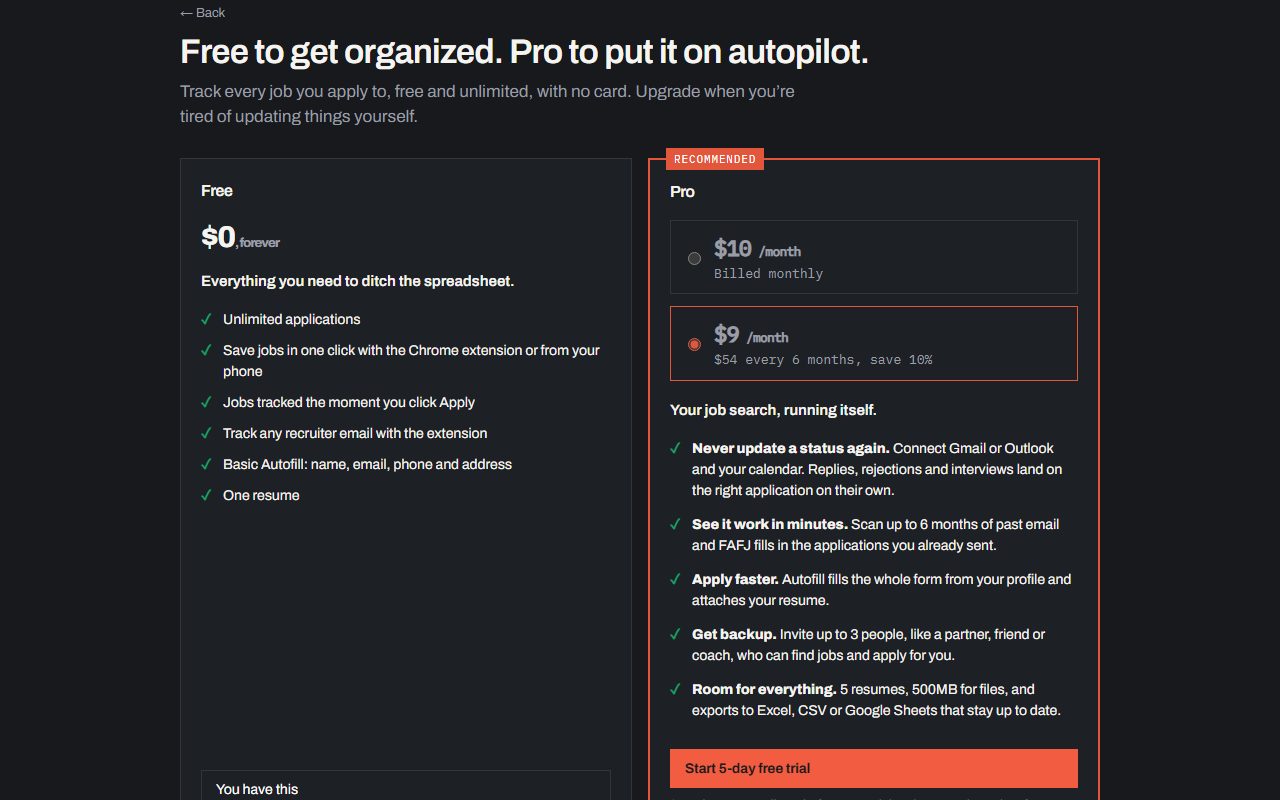 The note on the home page that FAFJ is free with an optional 5-day Pro trial, the Pricing page with six months chosen and Start 5-day free trial, then checkout showing $0.00 due today
