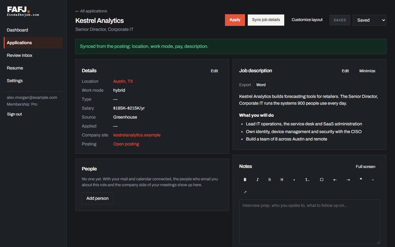 Apply under a saved job's status marks it Applied; on another saved job's page, Sync job details brings in its location, work mode, pay and description
