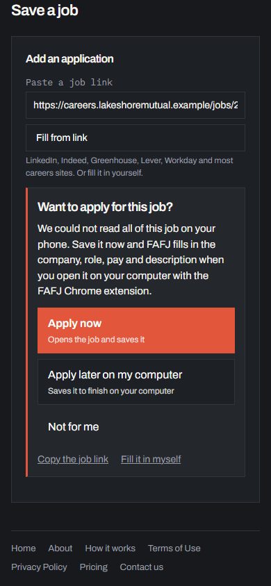 Sharing a job from a phone: choosing Alex Morgan's job search, then Want to apply for this job? with Apply now, Apply later on my computer and Not for me, and the job saved to finish on a computer